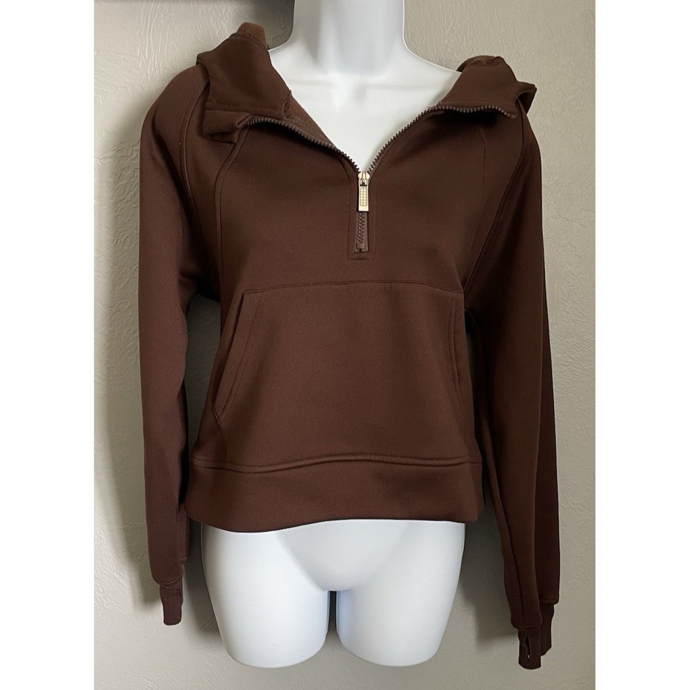 LASLULU Womens 1/2 Zip Brown Cropped Hoodie Thumb Holes Center Pocket Size Small